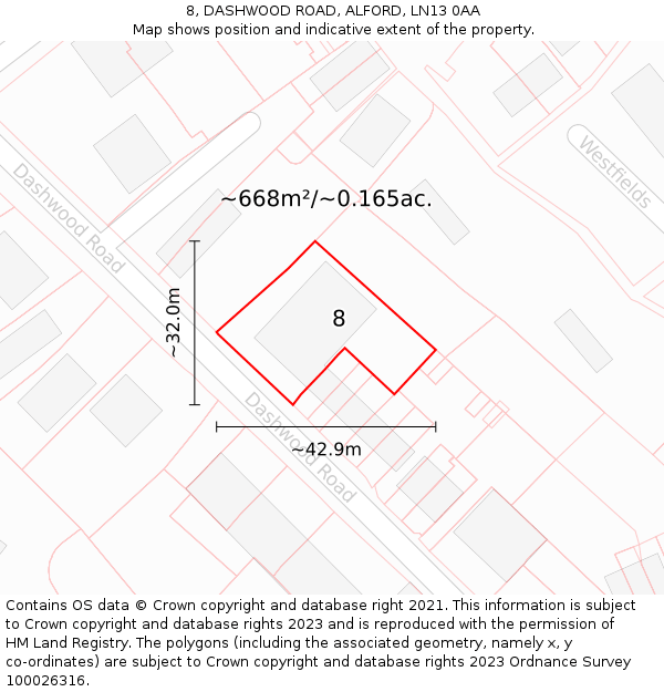 8, DASHWOOD ROAD, ALFORD, LN13 0AA: Plot and title map