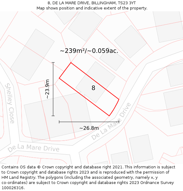 8, DE LA MARE DRIVE, BILLINGHAM, TS23 3YT: Plot and title map