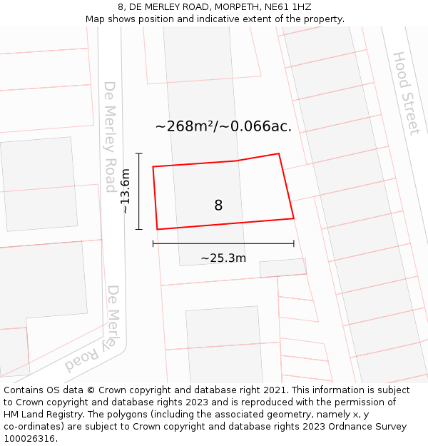 8, DE MERLEY ROAD, MORPETH, NE61 1HZ: Plot and title map