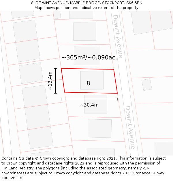 8, DE WINT AVENUE, MARPLE BRIDGE, STOCKPORT, SK6 5BN: Plot and title map