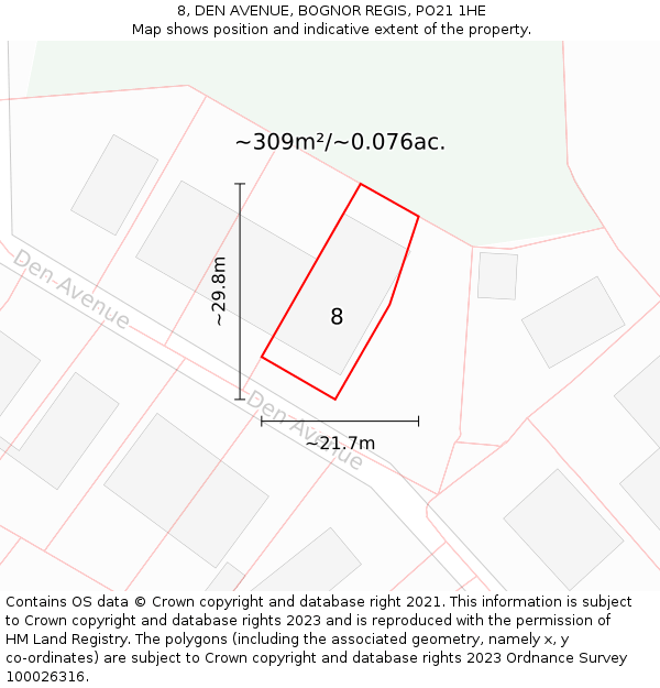 8, DEN AVENUE, BOGNOR REGIS, PO21 1HE: Plot and title map