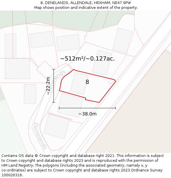 8, DENELANDS, ALLENDALE, HEXHAM, NE47 9PW: Plot and title map