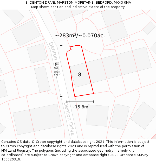 8, DENTON DRIVE, MARSTON MORETAINE, BEDFORD, MK43 0NA: Plot and title map