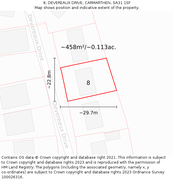 8, DEVEREAUX DRIVE, CARMARTHEN, SA31 1SF: Plot and title map