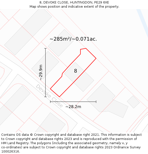 8, DEVOKE CLOSE, HUNTINGDON, PE29 6XE: Plot and title map