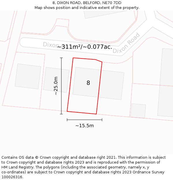 8, DIXON ROAD, BELFORD, NE70 7DD: Plot and title map