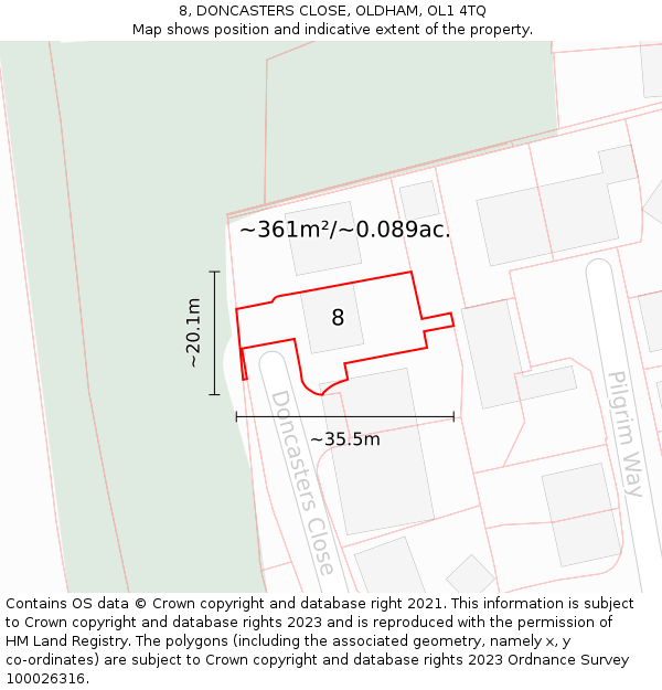 8, DONCASTERS CLOSE, OLDHAM, OL1 4TQ: Plot and title map