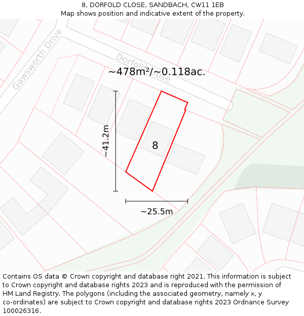 8, DORFOLD CLOSE, SANDBACH, CW11 1EB: Plot and title map