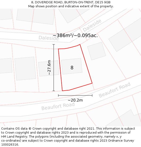 8, DOVERIDGE ROAD, BURTON-ON-TRENT, DE15 9GB: Plot and title map