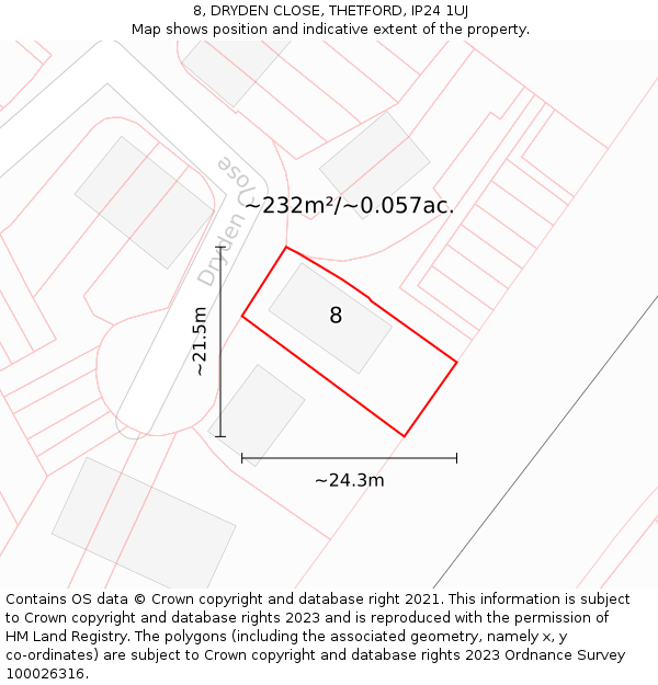 8, DRYDEN CLOSE, THETFORD, IP24 1UJ: Plot and title map