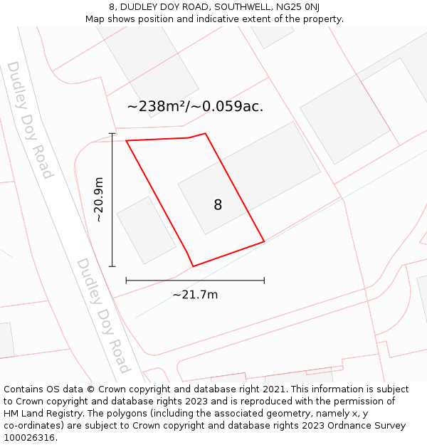 8, DUDLEY DOY ROAD, SOUTHWELL, NG25 0NJ: Plot and title map