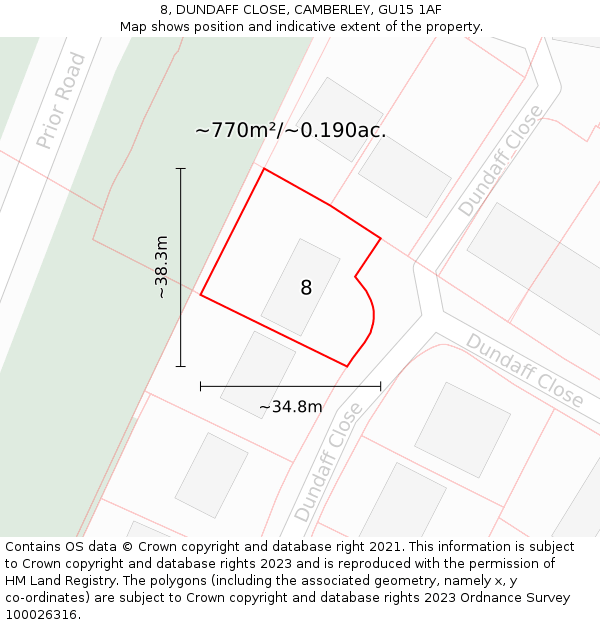 8, DUNDAFF CLOSE, CAMBERLEY, GU15 1AF: Plot and title map
