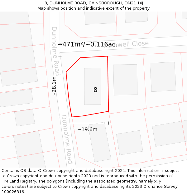 8, DUNHOLME ROAD, GAINSBOROUGH, DN21 1XJ: Plot and title map