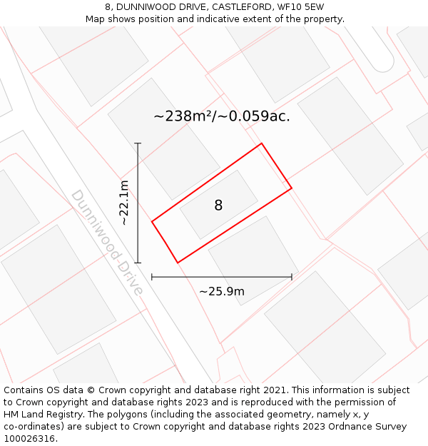 8, DUNNIWOOD DRIVE, CASTLEFORD, WF10 5EW: Plot and title map