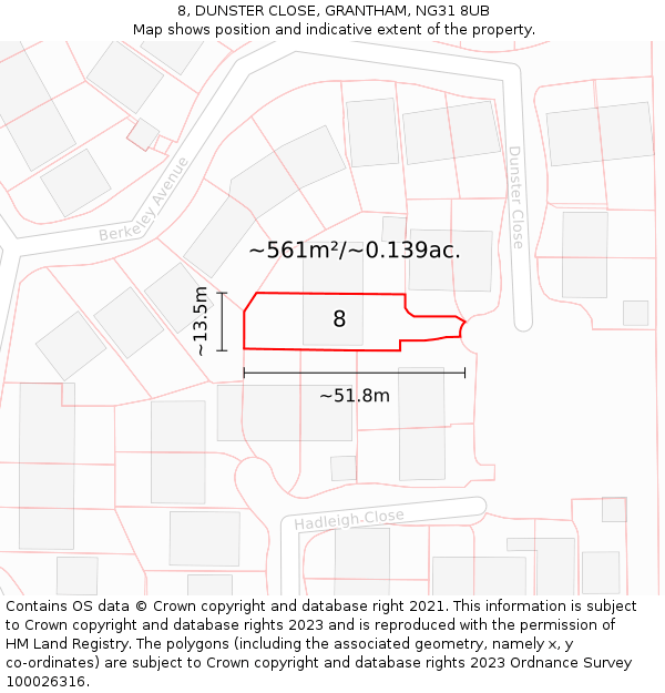 8, DUNSTER CLOSE, GRANTHAM, NG31 8UB: Plot and title map