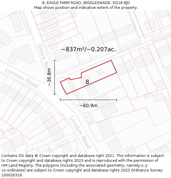 8, EAGLE FARM ROAD, BIGGLESWADE, SG18 8JD: Plot and title map