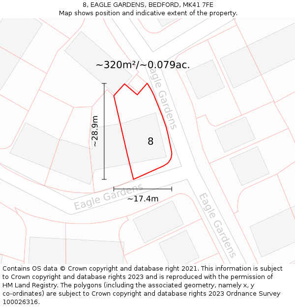 8, EAGLE GARDENS, BEDFORD, MK41 7FE: Plot and title map