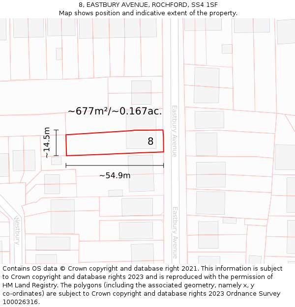 8, EASTBURY AVENUE, ROCHFORD, SS4 1SF: Plot and title map