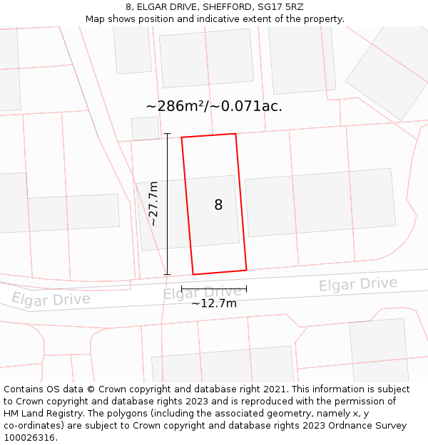 8, ELGAR DRIVE, SHEFFORD, SG17 5RZ: Plot and title map