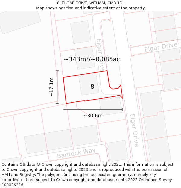 8, ELGAR DRIVE, WITHAM, CM8 1DL: Plot and title map