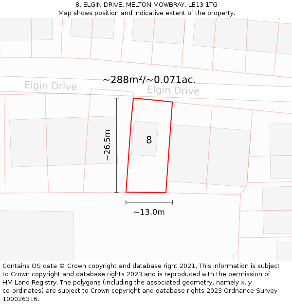 8, ELGIN DRIVE, MELTON MOWBRAY, LE13 1TG: Plot and title map