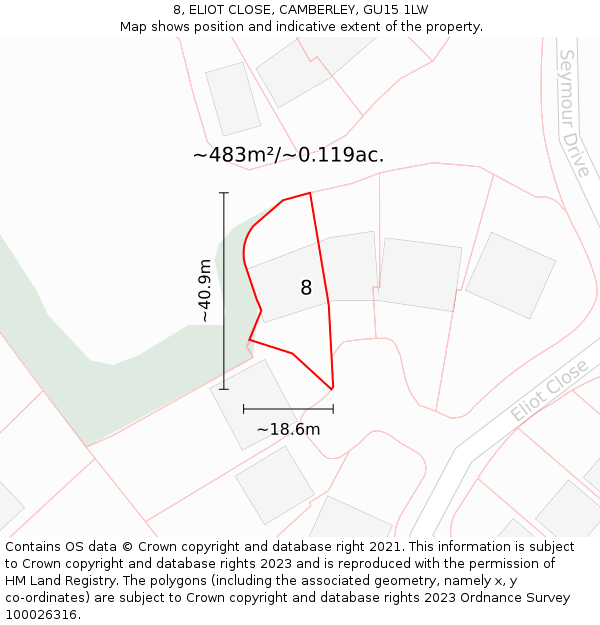 8, ELIOT CLOSE, CAMBERLEY, GU15 1LW: Plot and title map