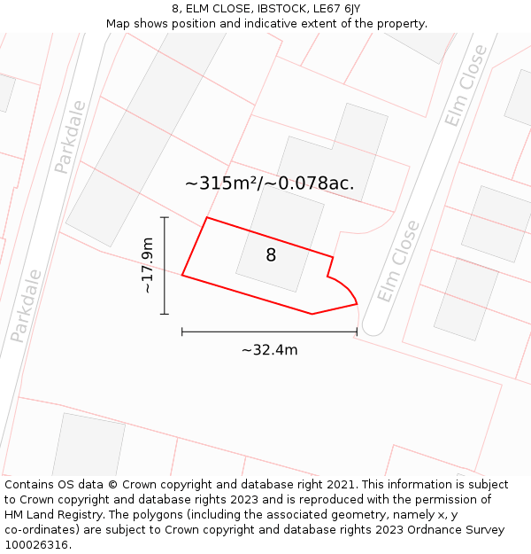 8, ELM CLOSE, IBSTOCK, LE67 6JY: Plot and title map