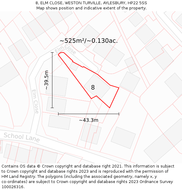 8, ELM CLOSE, WESTON TURVILLE, AYLESBURY, HP22 5SS: Plot and title map