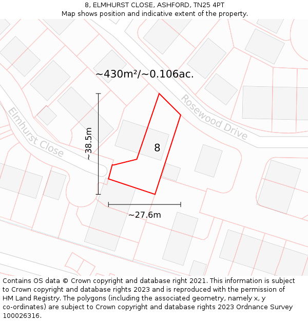 8, ELMHURST CLOSE, ASHFORD, TN25 4PT: Plot and title map