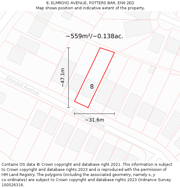 8, ELMROYD AVENUE, POTTERS BAR, EN6 2ED: Plot and title map