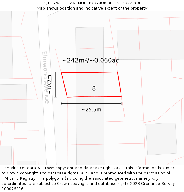 8, ELMWOOD AVENUE, BOGNOR REGIS, PO22 8DE: Plot and title map