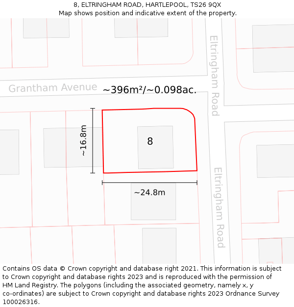 8, ELTRINGHAM ROAD, HARTLEPOOL, TS26 9QX: Plot and title map