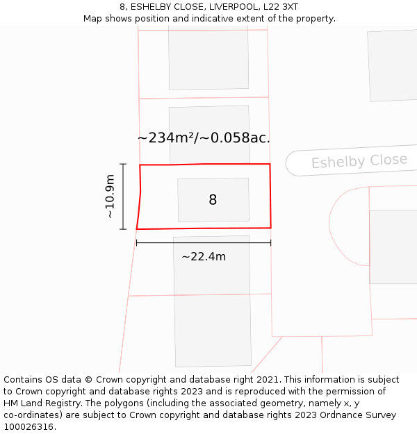 8, ESHELBY CLOSE, LIVERPOOL, L22 3XT: Plot and title map