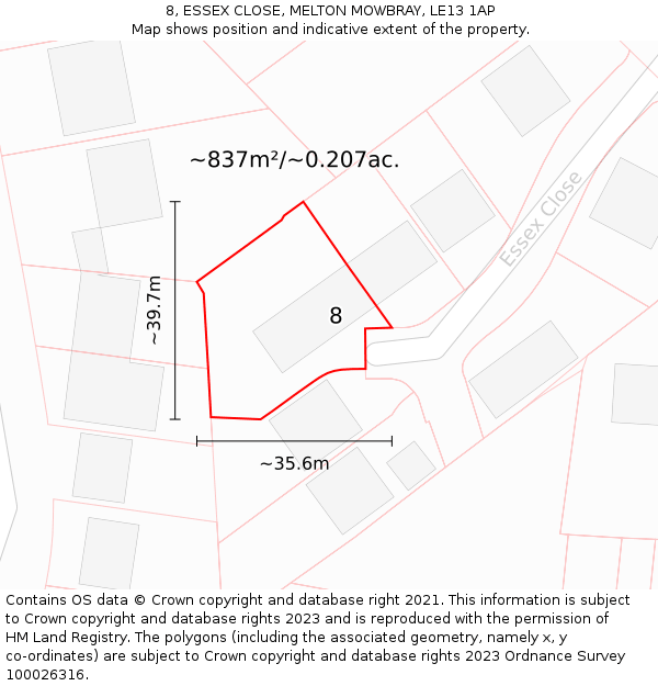 8, ESSEX CLOSE, MELTON MOWBRAY, LE13 1AP: Plot and title map