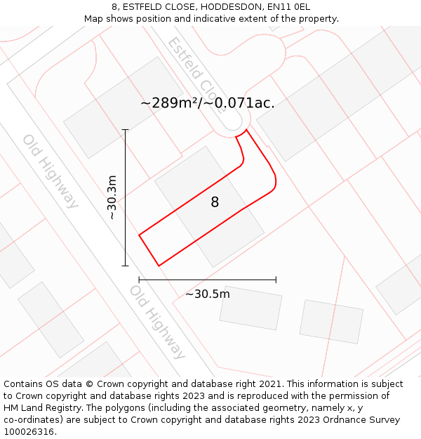 8, ESTFELD CLOSE, HODDESDON, EN11 0EL: Plot and title map