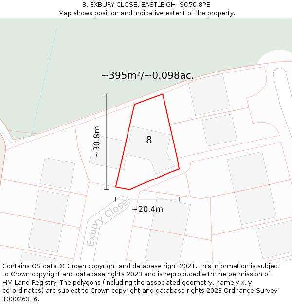 8, EXBURY CLOSE, EASTLEIGH, SO50 8PB: Plot and title map