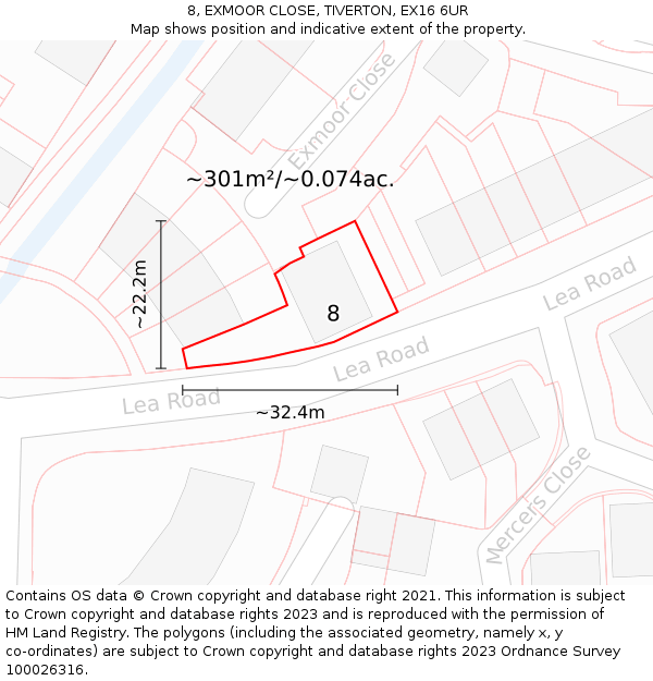 8, EXMOOR CLOSE, TIVERTON, EX16 6UR: Plot and title map