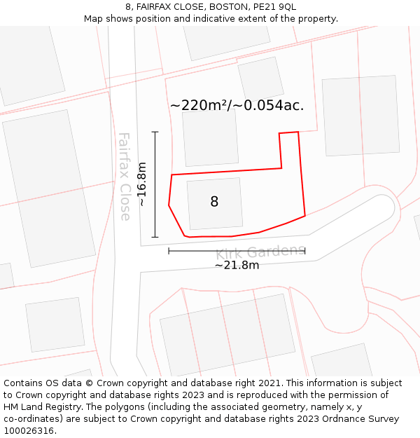 8, FAIRFAX CLOSE, BOSTON, PE21 9QL: Plot and title map