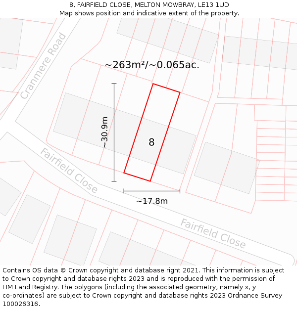 8, FAIRFIELD CLOSE, MELTON MOWBRAY, LE13 1UD: Plot and title map