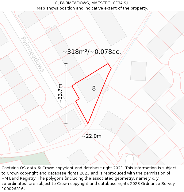 8, FAIRMEADOWS, MAESTEG, CF34 9JL: Plot and title map