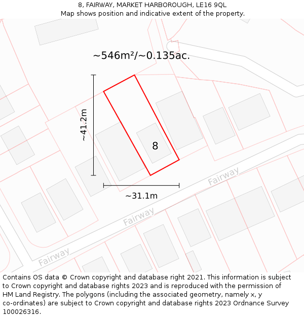 8, FAIRWAY, MARKET HARBOROUGH, LE16 9QL: Plot and title map