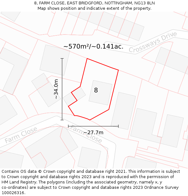 8, FARM CLOSE, EAST BRIDGFORD, NOTTINGHAM, NG13 8LN: Plot and title map