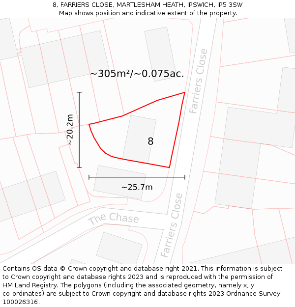 8, FARRIERS CLOSE, MARTLESHAM HEATH, IPSWICH, IP5 3SW: Plot and title map