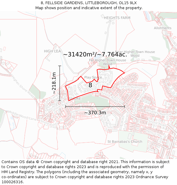 8, FELLSIDE GARDENS, LITTLEBOROUGH, OL15 9LX: Plot and title map