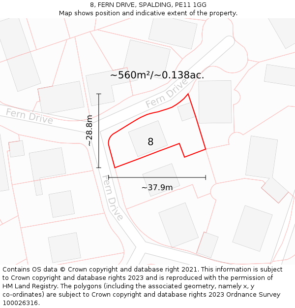 8, FERN DRIVE, SPALDING, PE11 1GG: Plot and title map