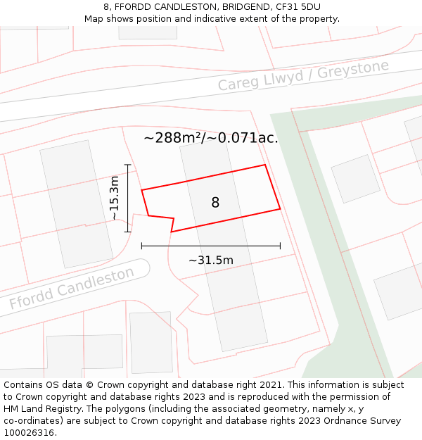 8, FFORDD CANDLESTON, BRIDGEND, CF31 5DU: Plot and title map