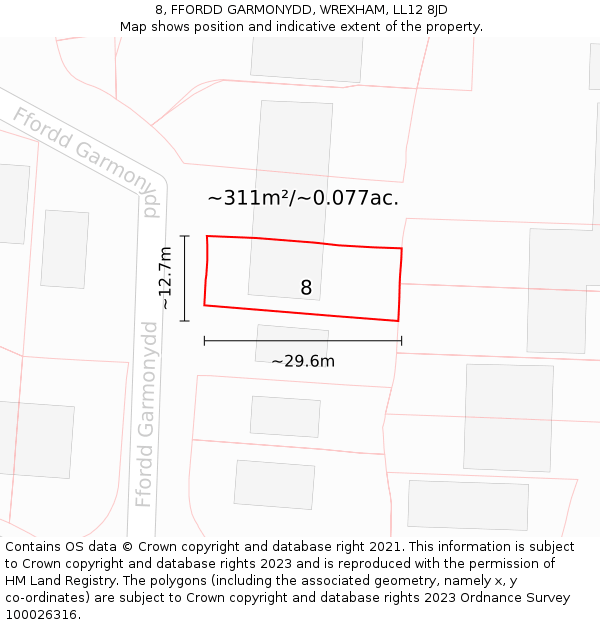 8, FFORDD GARMONYDD, WREXHAM, LL12 8JD: Plot and title map