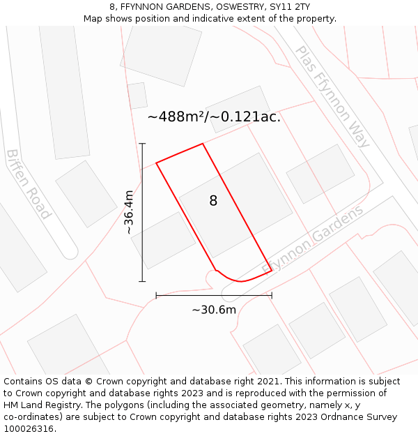 8, FFYNNON GARDENS, OSWESTRY, SY11 2TY: Plot and title map