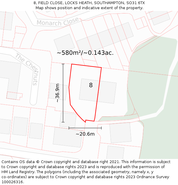 8, FIELD CLOSE, LOCKS HEATH, SOUTHAMPTON, SO31 6TX: Plot and title map