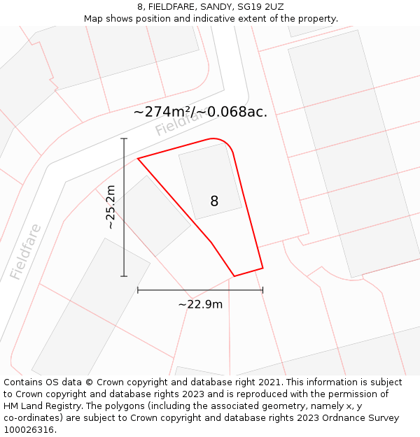 8, FIELDFARE, SANDY, SG19 2UZ: Plot and title map